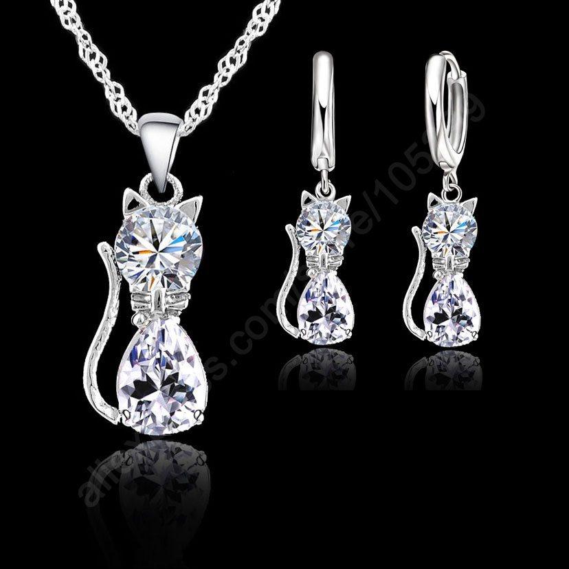 Cat Pendant Necklace Earrings Set